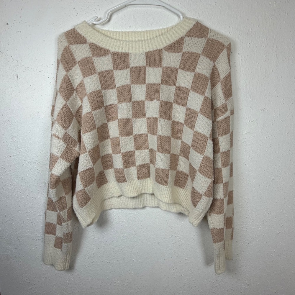 Debut Small Checkerboard Knit Sweater Tan Cream Y2K Indie Skater Pullover